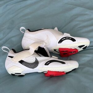 Nike women white  and Red bike  Cleats with Black Swoosh